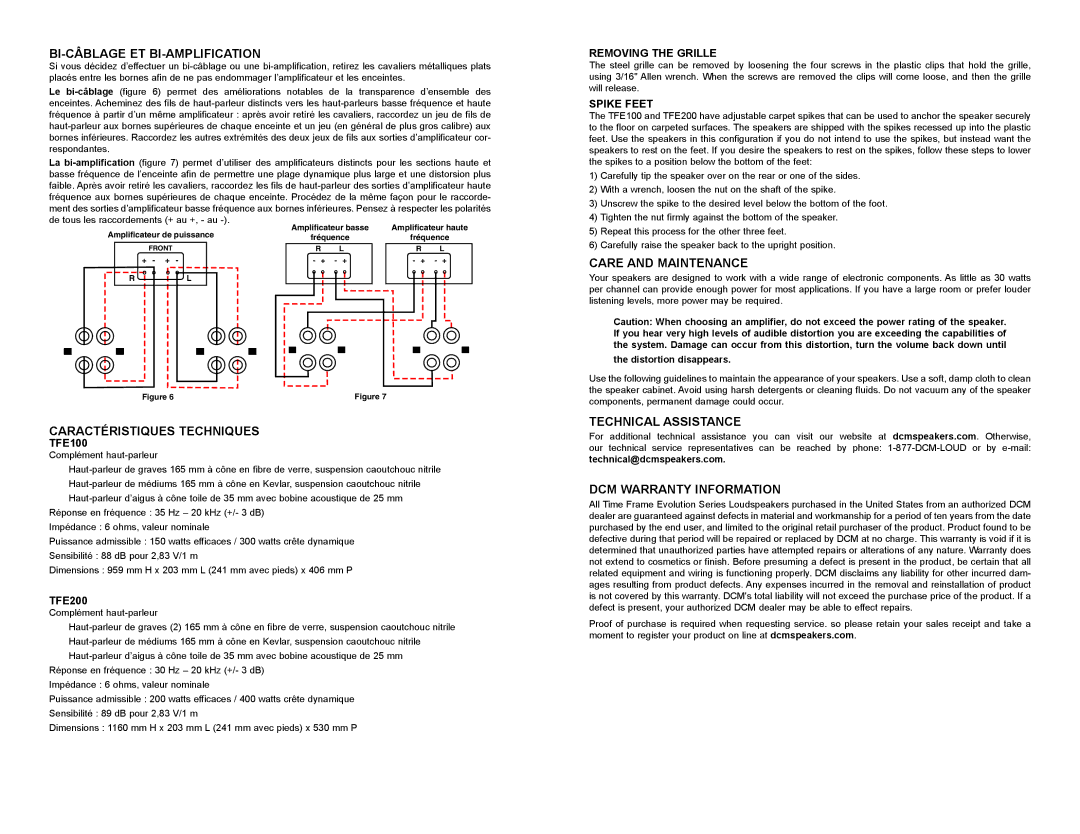 DCM Speakers TFE100 / TFE200 owner manual Bi-Câblage Et Bi-Amplification, Caractéristiques Techniques, Care and Maintenance 