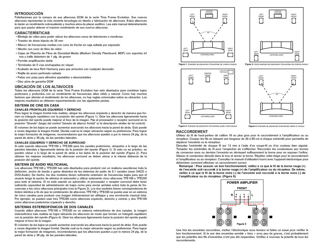 DCM Speakers TFE100 / TFE200 owner manual Introducción, Características, Ubicación DE LOS Altavoces, Raccordement 