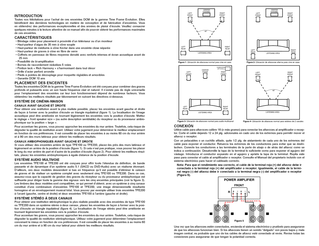 DCM Speakers TFE100 / TFE200 owner manual Caractéristiques, Placement DES Enceintes, Conexión 