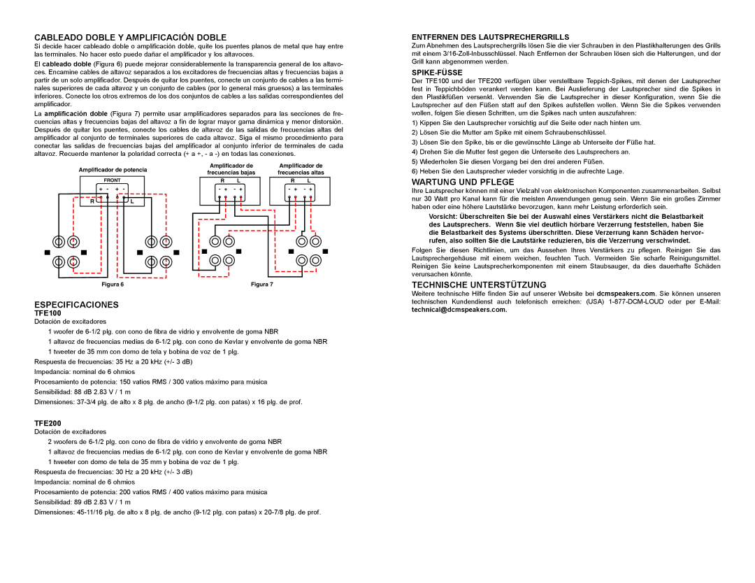 DCM Speakers TFE100 / TFE200 owner manual Cableado Doble Y Amplificación Doble, Especificaciones, Wartung UND Pflege 