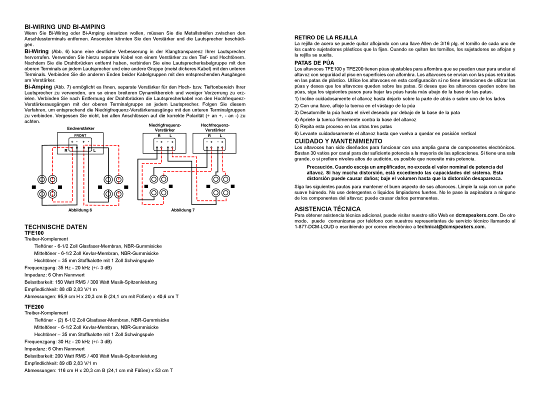 DCM Speakers TFE100 / TFE200 Bi-Wiring Und Bi-Amping, Technische Daten, Cuidado Y Mantenimiento, Asistencia Técnica 