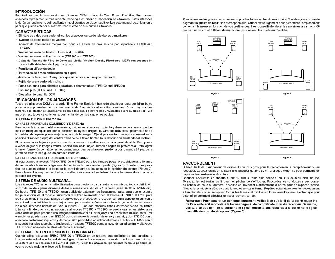 DCM Speakers TFE100, TFE60C, TFE200 owner manual Introducción, Características, Ubicación DE LOS Altavoces, Raccordement 