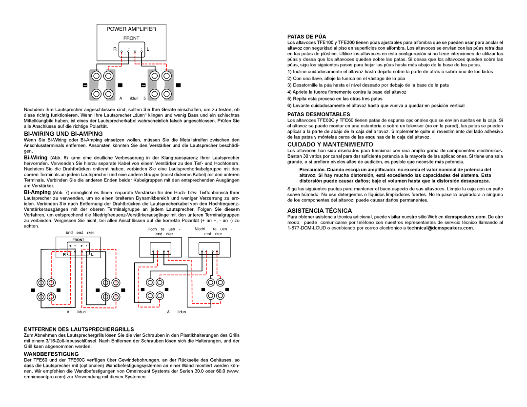 DCM Speakers TFE200, TFE60C, TFE100 owner manual Bi-Wiring Und Bi-Amping, Cuidado Y Mantenimiento, Asistencia Técnica 