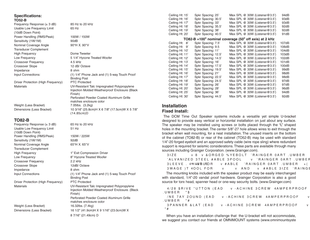 DCM Speakers TO52-B owner manual Installation, Fixed Install, TO82-B =100o nominal coverage 50o off axis at 2 kHz 