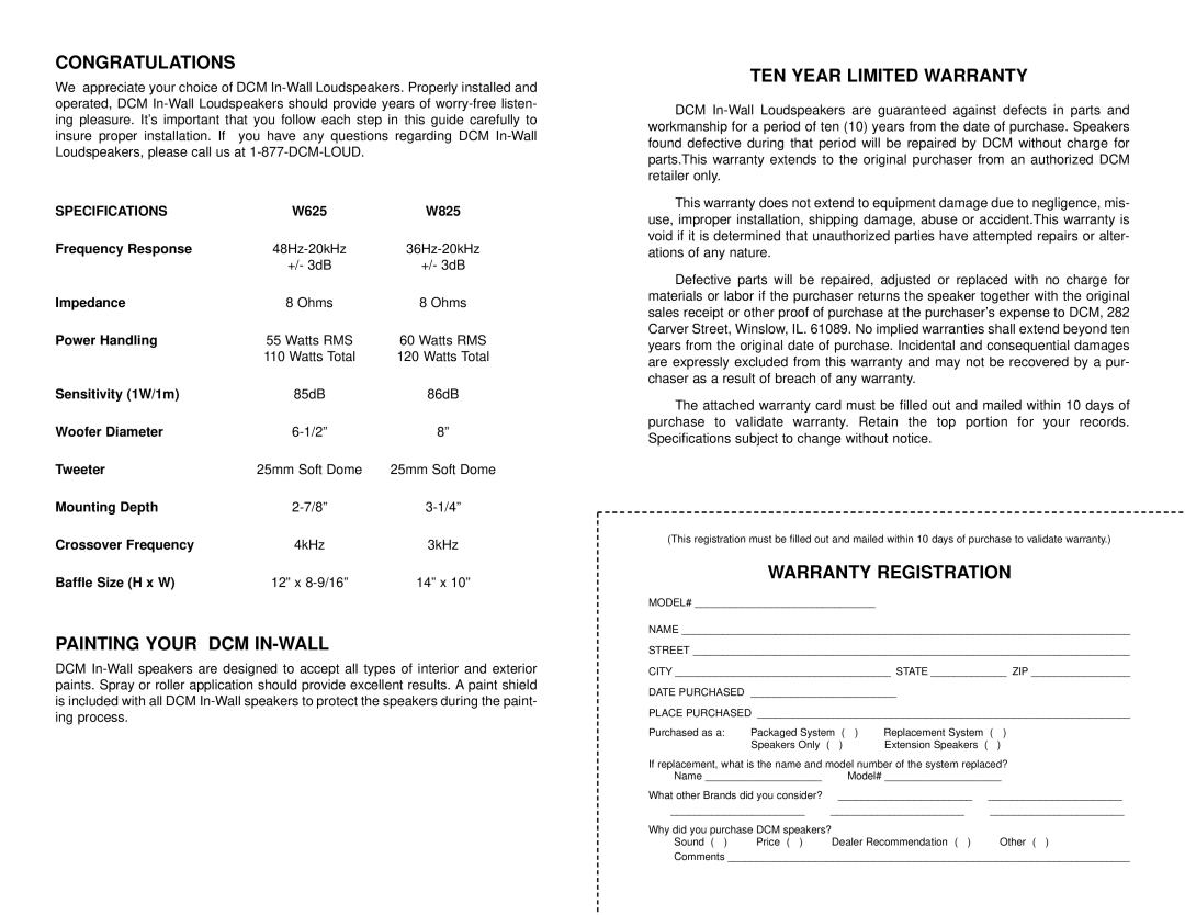DCM Speakers W825, W625 Congratulations, Painting Your DCM IN-WALL, TEN Year Limited Warranty, Warranty Registration 