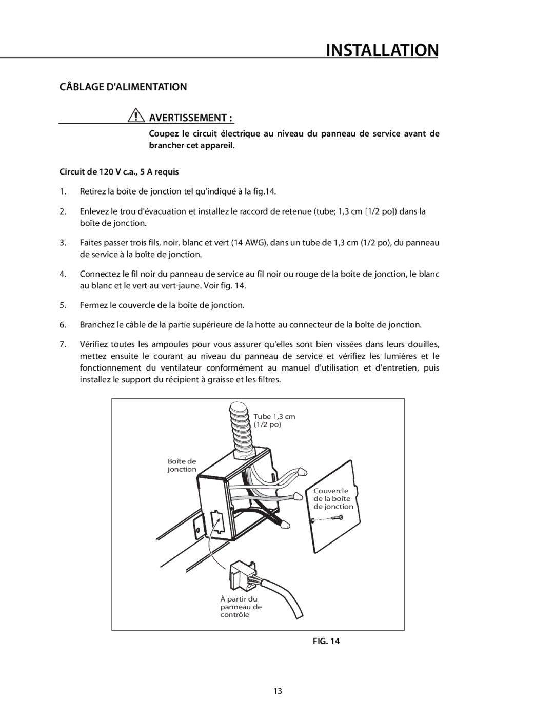 DCS 221712 manual Câblage Dalimentation Avertissement 