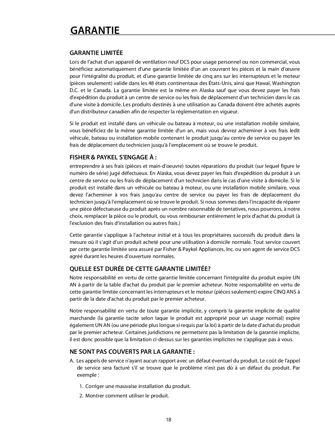 DCS 221712 manual Garantie Limitée, Fisher & Paykel Sengage À, Quelle EST Durée DE Cette Garantie LIMITÉE? 