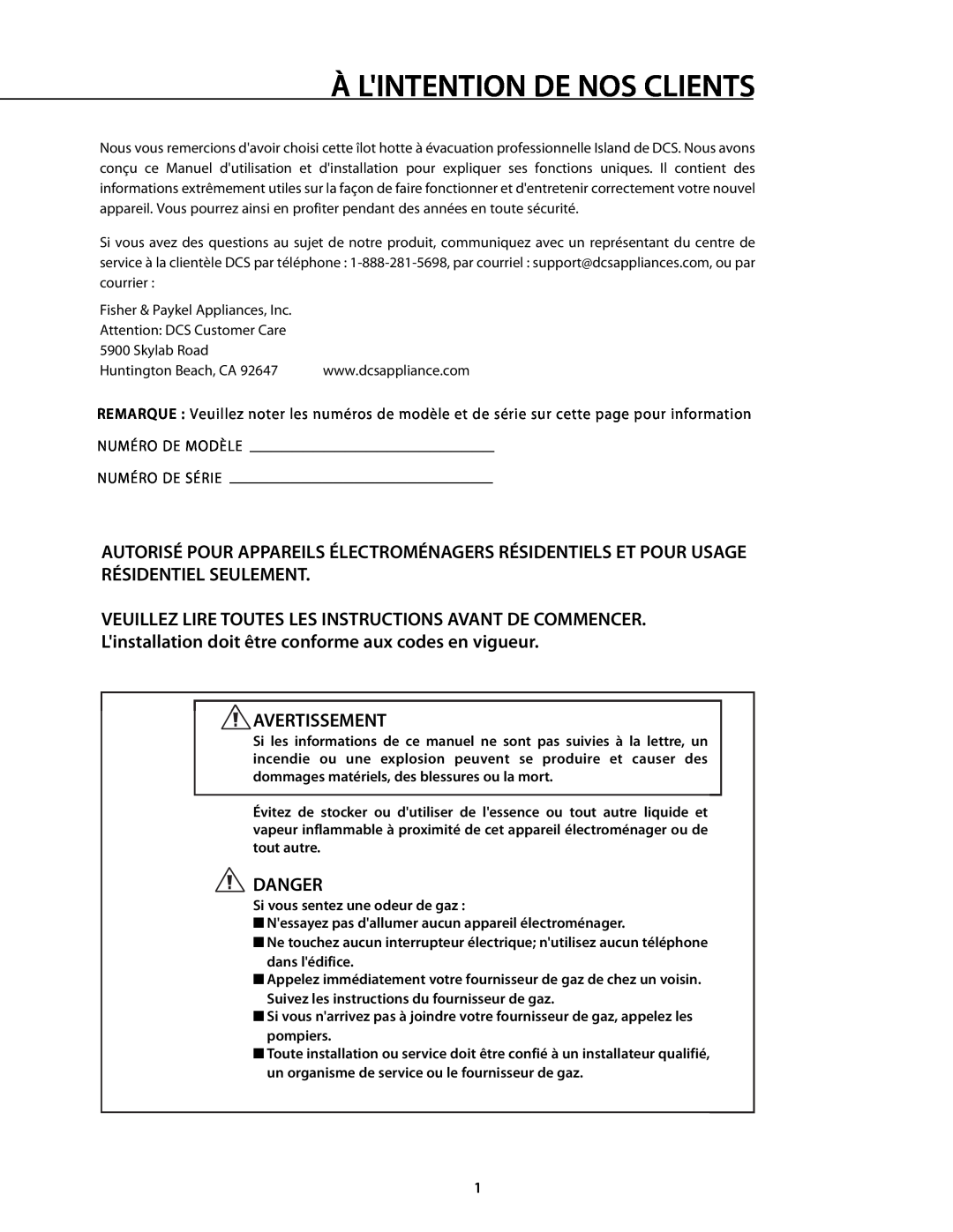 DCS 221712 manual À Lintention De Nos Clients, Avertissement, Danger 