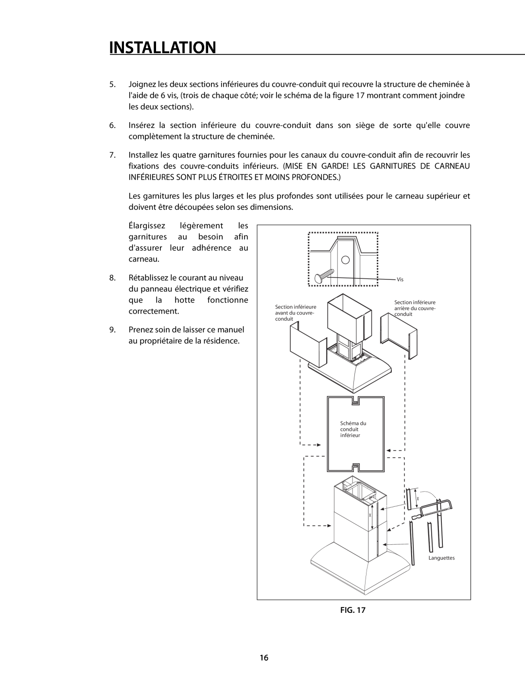 DCS 221712 manual Installation, Prenez soin de laisser ce manuel au propriétaire de la résidence, Languettes 