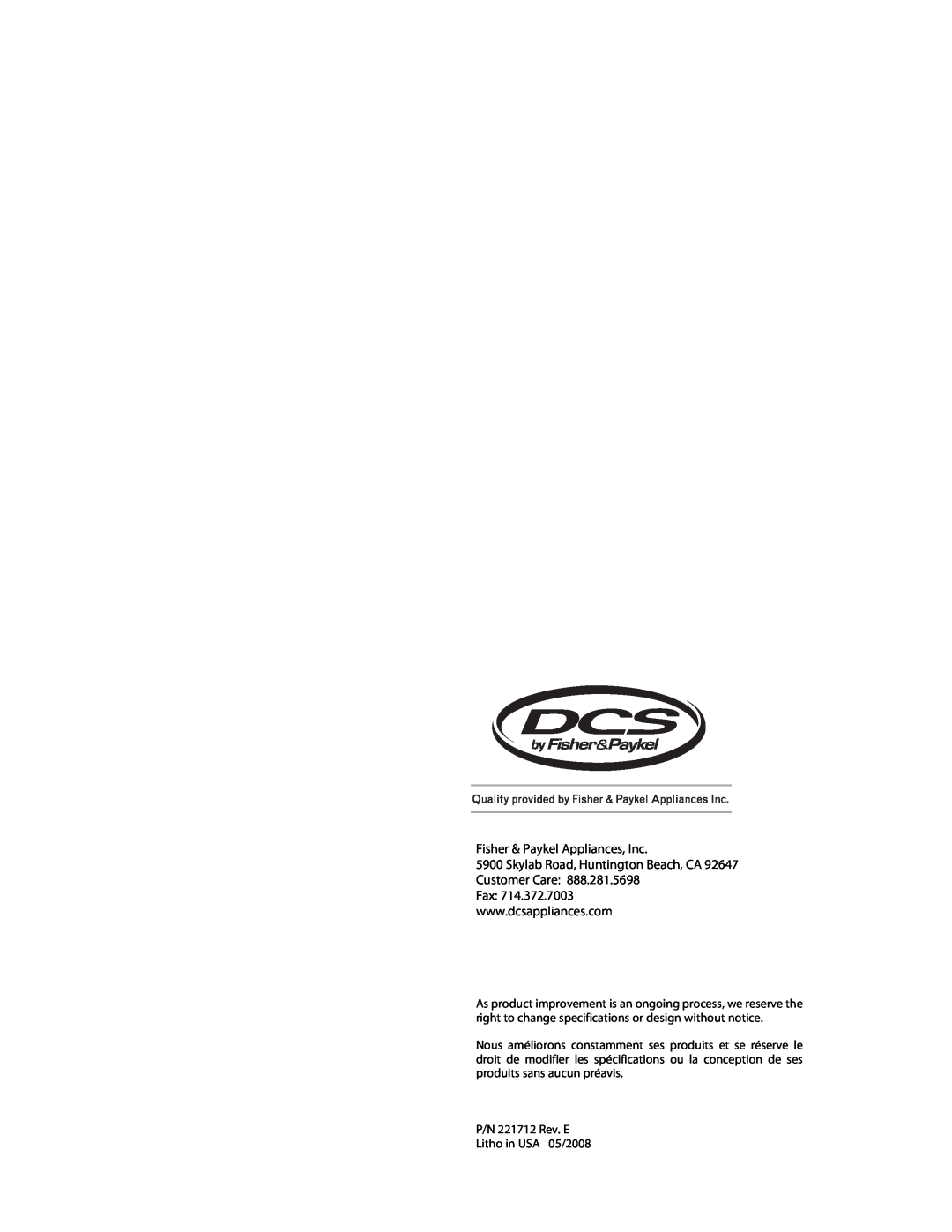 DCS 221712 manual Fisher & Paykel Appliances, Inc, Skylab Road, Huntington Beach, CA 92647 Customer Care 
