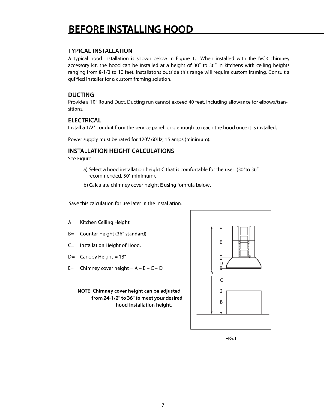 DCS 221712 manual Typical Installation, Ducting, Electrical, Installation Height Calculations, Before Installing Hood 