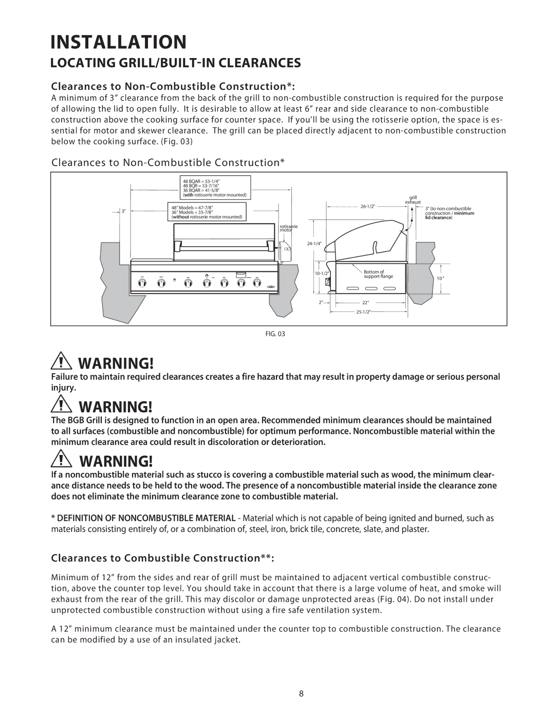 DCS 36/48BGB manual Clearances to Non-Combustible Construction 