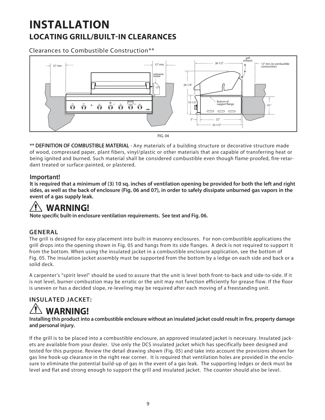 DCS 36/48BGB manual Clearances to Combustible Construction, General, Insulated Jacket 