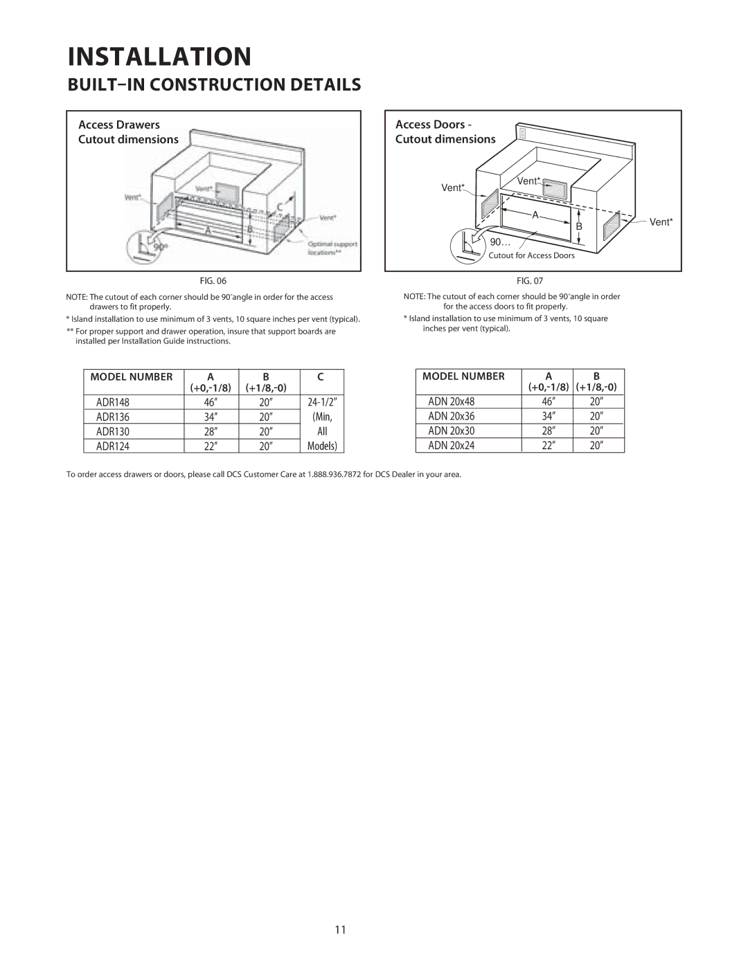 DCS 36/48BGB manual Access Drawers Cutout dimensions 