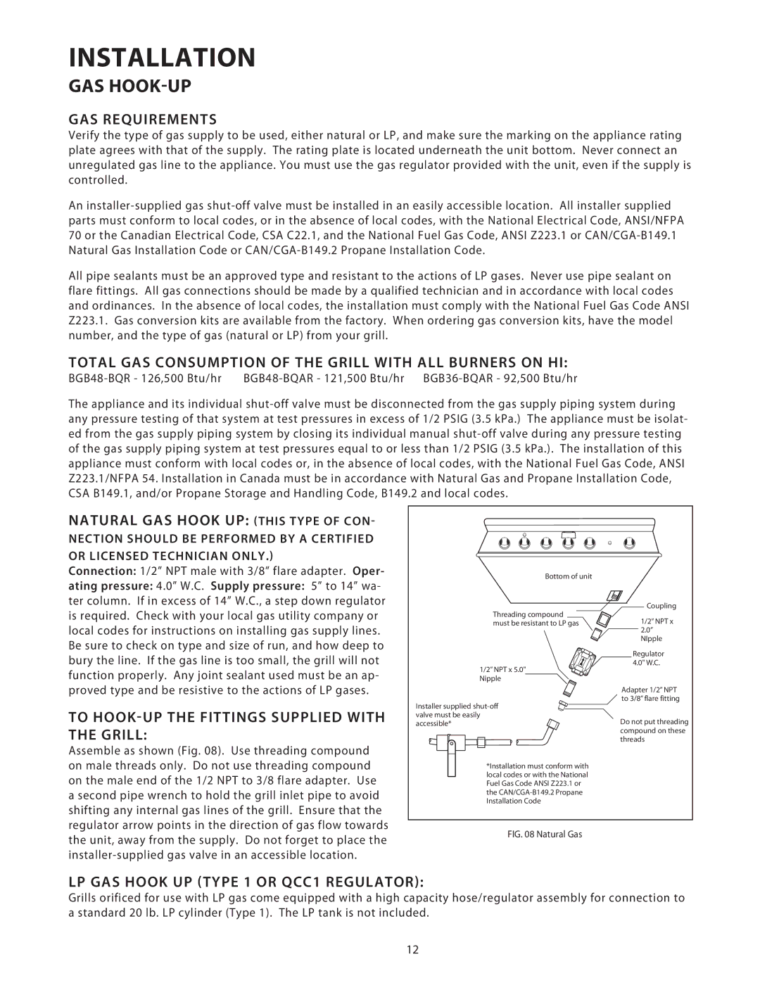 DCS 36/48BGB manual Gas Hook-Up 