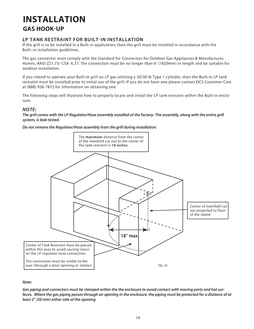 DCS 36/48BGB LP Tank Restraint for BUILT-IN Installation, Center of manifold cut out projected to floor of the island 