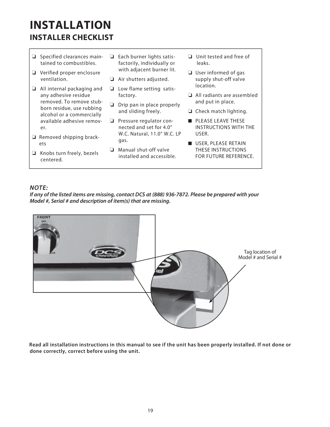 DCS 36/48BGB manual Installer Checklist 