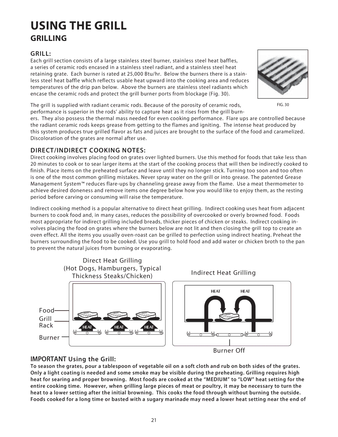 DCS 36/48BGB manual Grilling, DIRECT/INDIRECT Cooking Notes, Burner Off 