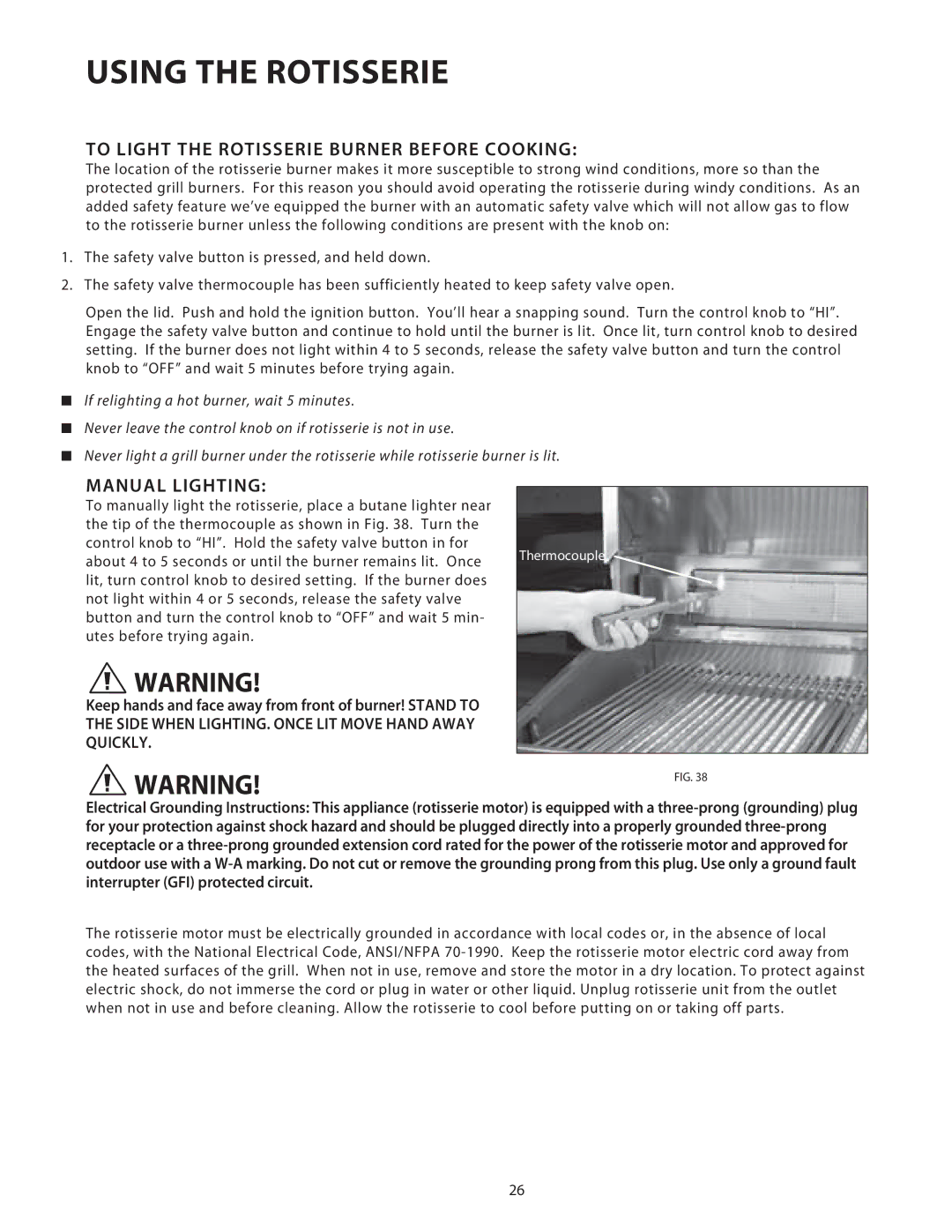 DCS 36/48BGB manual To Light the Rotisserie Burner Before Cooking, Manual Lighting 