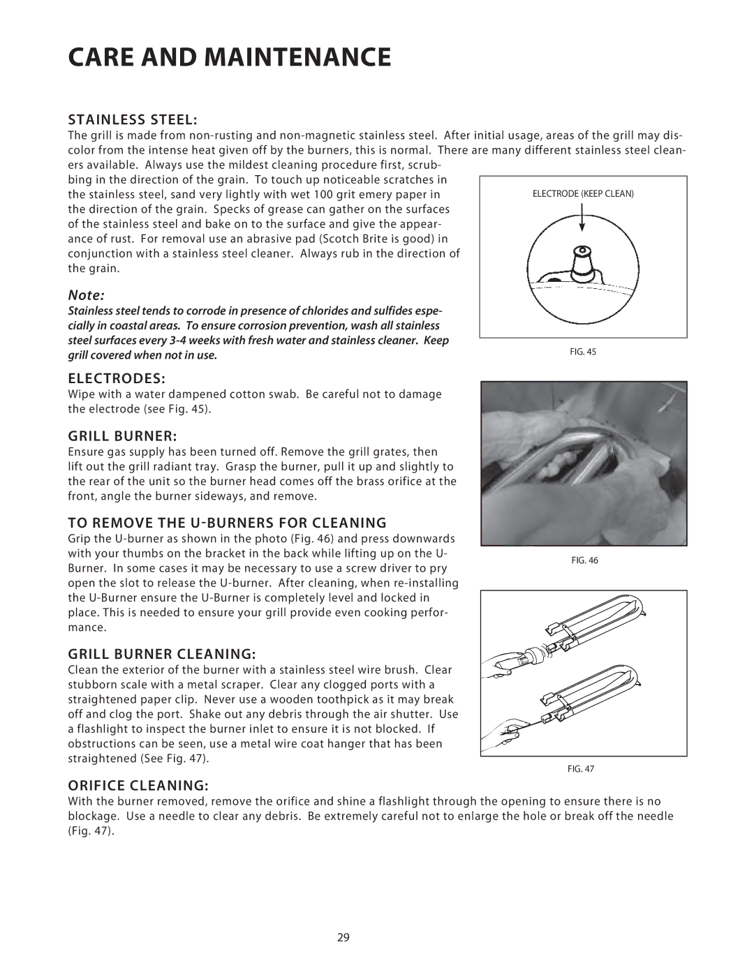 DCS 36/48BGB manual Stainless Steel, Electrodes, To Remove the U-BURNERS for Cleaning, Grill Burner Cleaning 