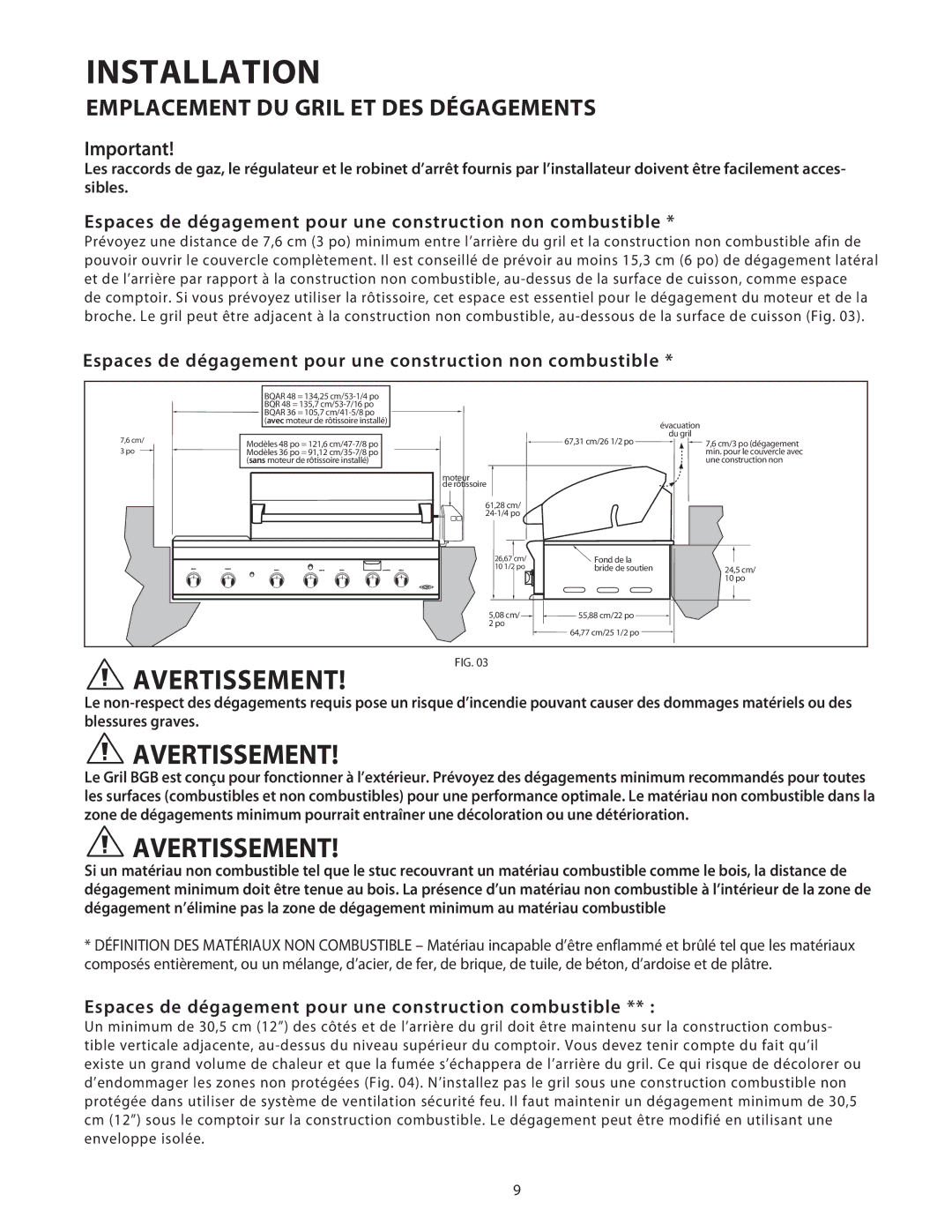 DCS 36/48BGB manual Espaces de dégagement pour une construction non combustible 