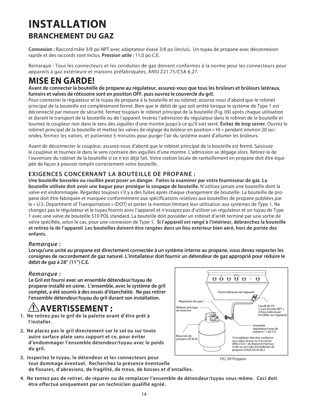 DCS 36/48BGB manual Mise EN Garde, Exigences Concernant LA Bouteille DE Propane 