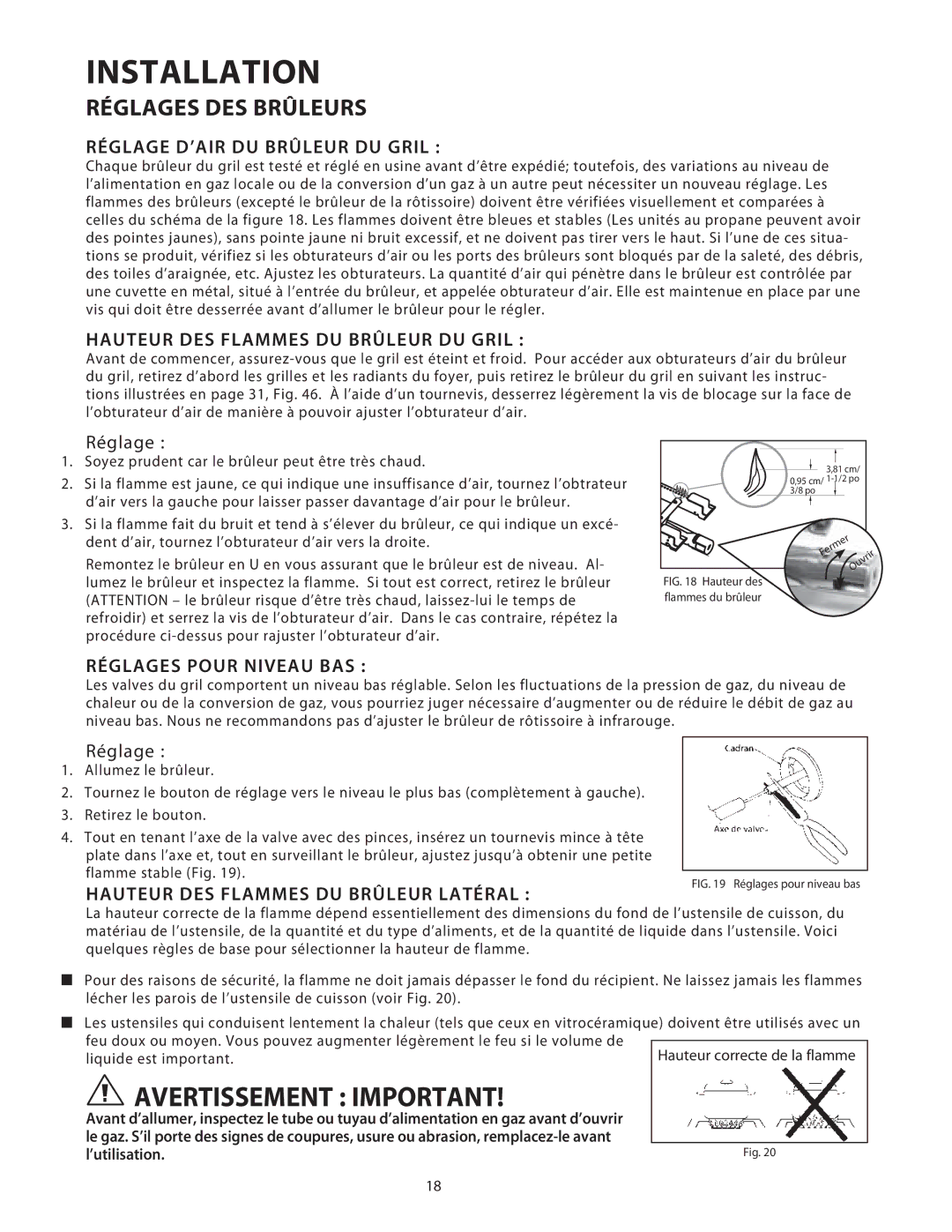 DCS 36/48BGB manual Réglages DES Brûleurs, Réglage D’AIR DU Brûleur DU Gril, Hauteur DES Flammes DU Brûleur DU Gril 