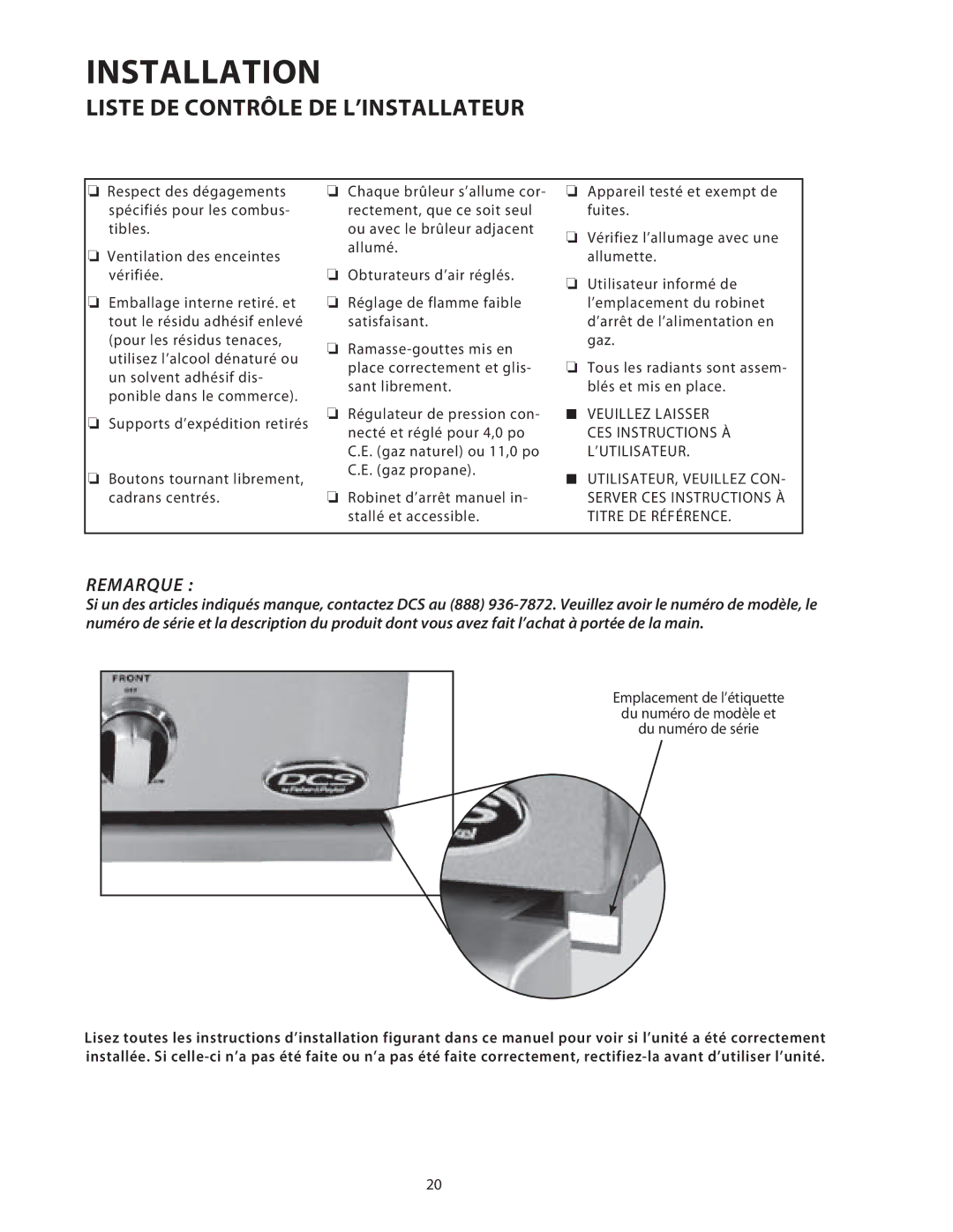 DCS 36/48BGB manual Liste DE Contrôle DE L’INSTALLATEUR 