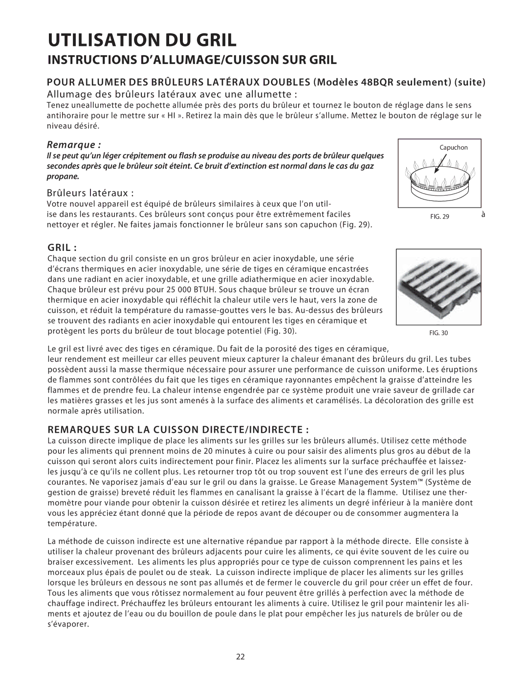 DCS 36/48BGB manual Instructions D’ALLUMAGE/CUISSON SUR Gril, Allumage des brûleurs latéraux avec une allumette 