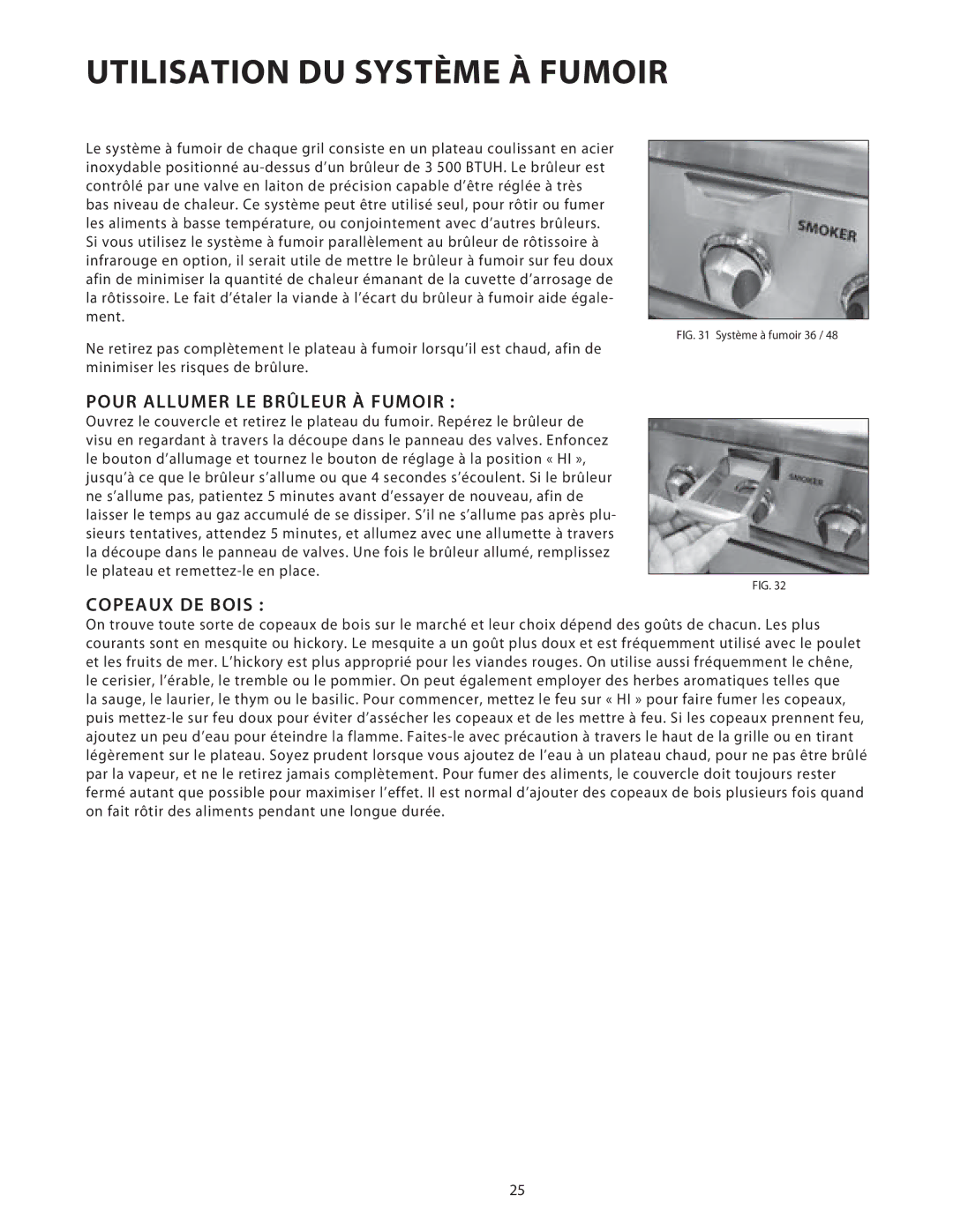 DCS 36/48BGB manual Utilisation DU Système À Fumoir, Pour Allumer LE Brûleur À Fumoir, Copeaux DE Bois 