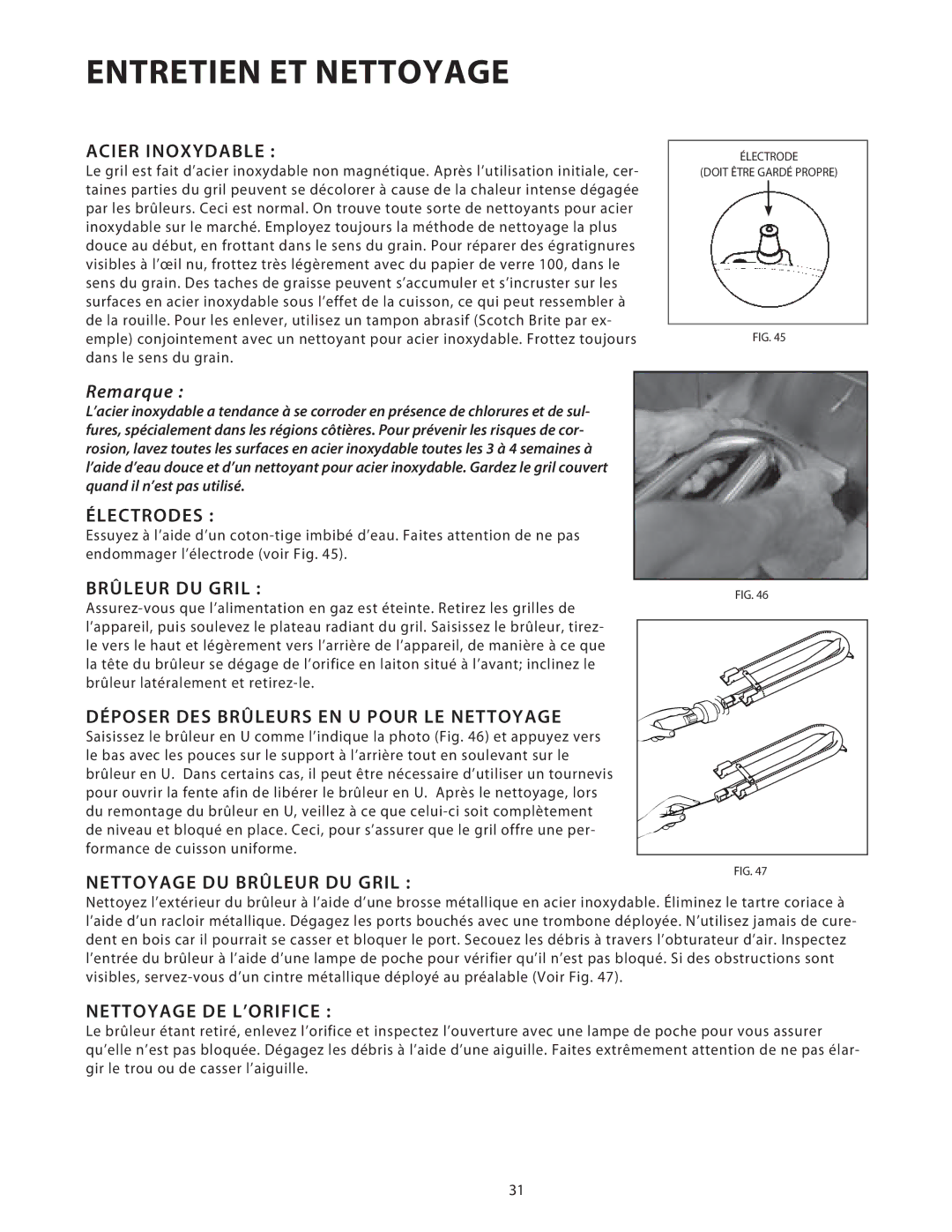 DCS 36/48BGB manual Acier Inoxydable, Électrodes, Brûleur DU Gril, Déposer DES Brûleurs EN U Pour LE Nettoyage 