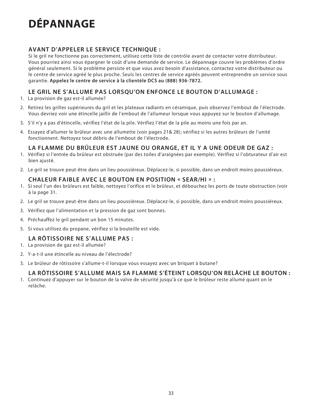 DCS 36/48BGB manual Dépannage, Avant D’APPELER LE Service Technique, Chaleur Faible Avec LE Bouton EN Position « SEAR/HI » 