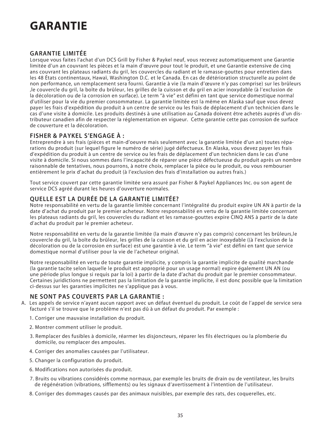 DCS 36/48BGB manual Garantie Limitée, Fisher & Paykel S’ENGAGE À, Quelle EST LA Durée DE LA Garantie LIMITÉE? 