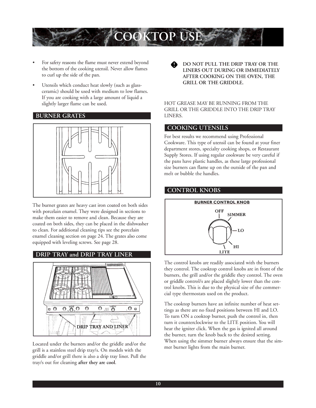 DCS 30 inch, 48 inch, 36 inch warranty Burner Grates, Cooking Utensils, Control Knobs, Drip Tray and Drip Tray Liner 