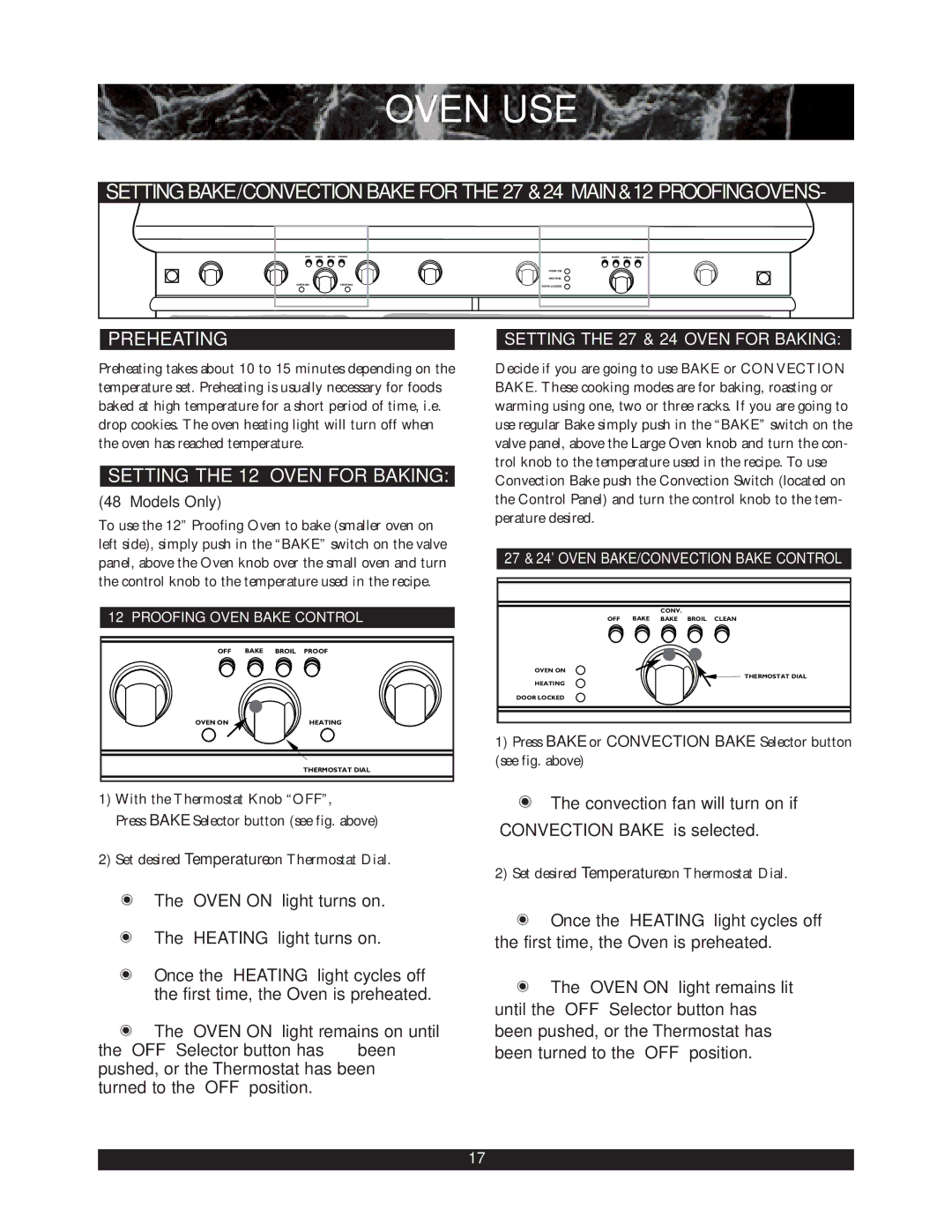 DCS 48 inch, 36 inch, 30 inch warranty Preheating, Setting the 12 Oven for Baking 