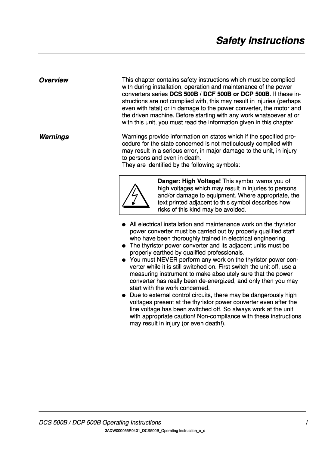 DCS manual Safety Instructions, Overview, Warnings, DCS 500B / DCP 500B Operating Instructions 