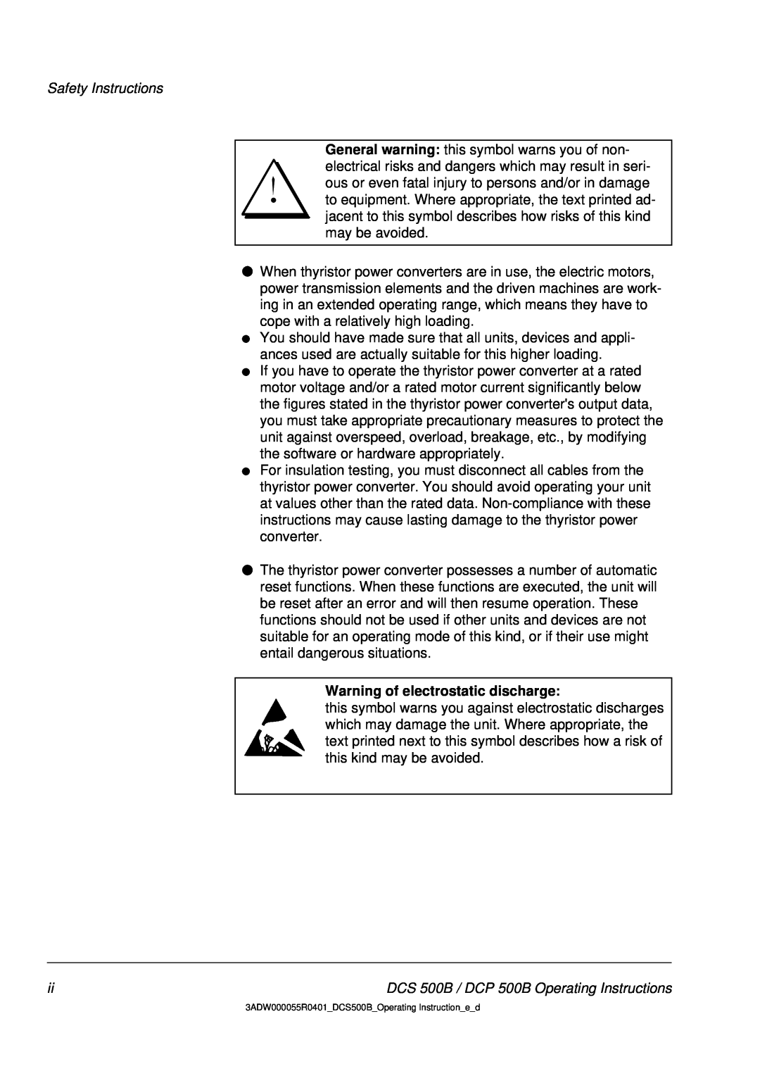 DCS 500 manual Safety Instructions, Warning of electrostatic discharge 