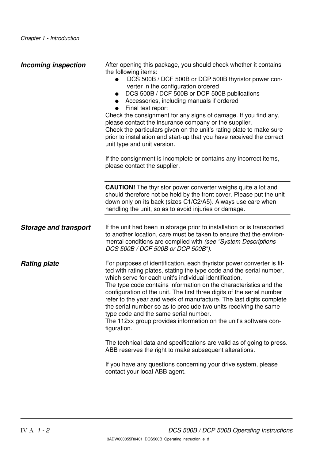 DCS 500 manual Incoming inspection, Storage and transport, Rating plate 