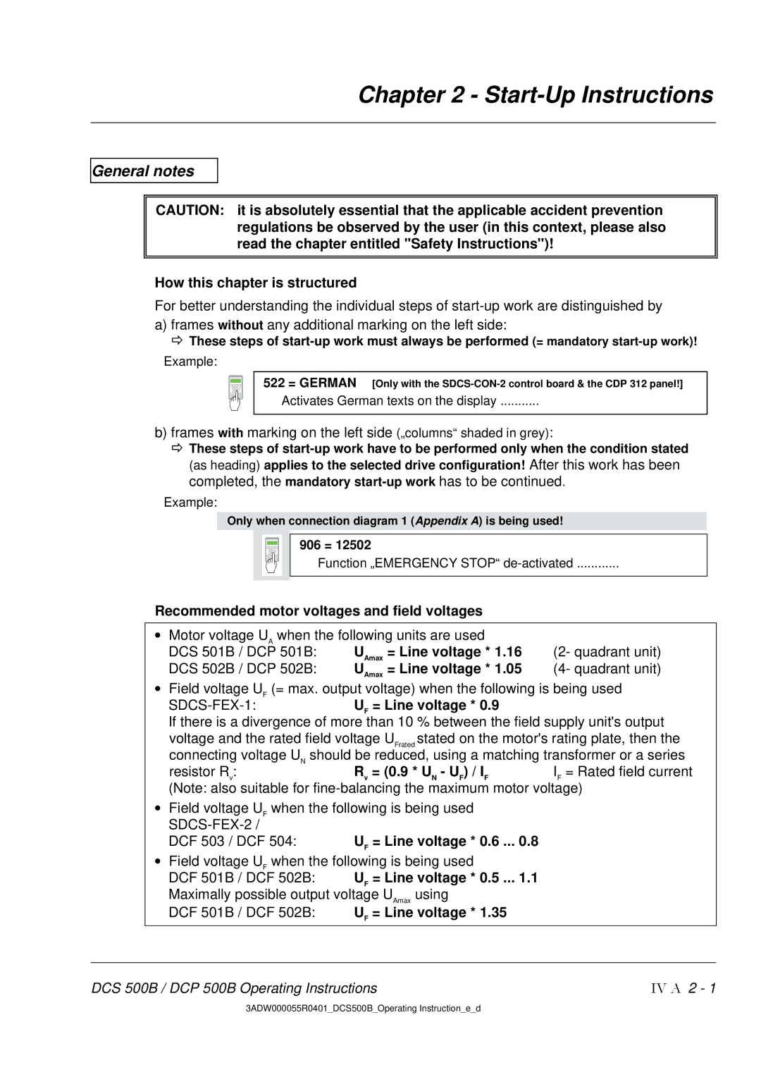 DCS 500 manual General notes, How this chapter is structured, Recommended motor voltages and field voltages, = Line voltage 