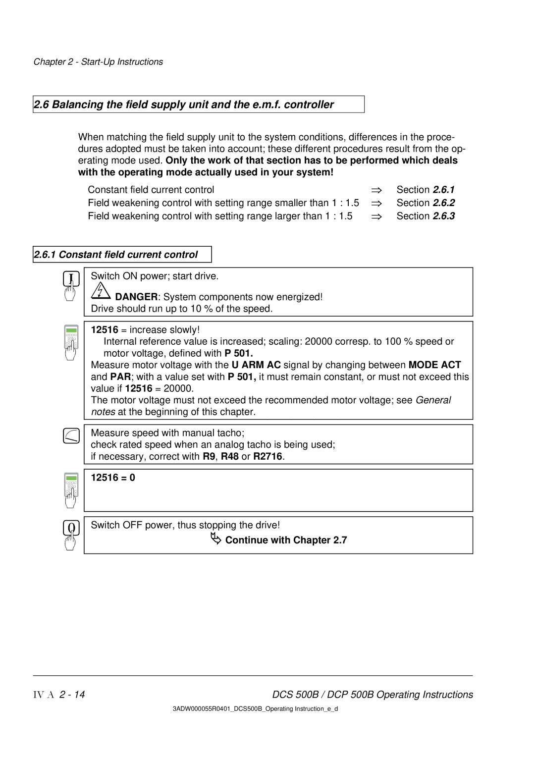 DCS 500 manual Balancing the field supply unit and the e.m.f. controller, Continue with Chapter 