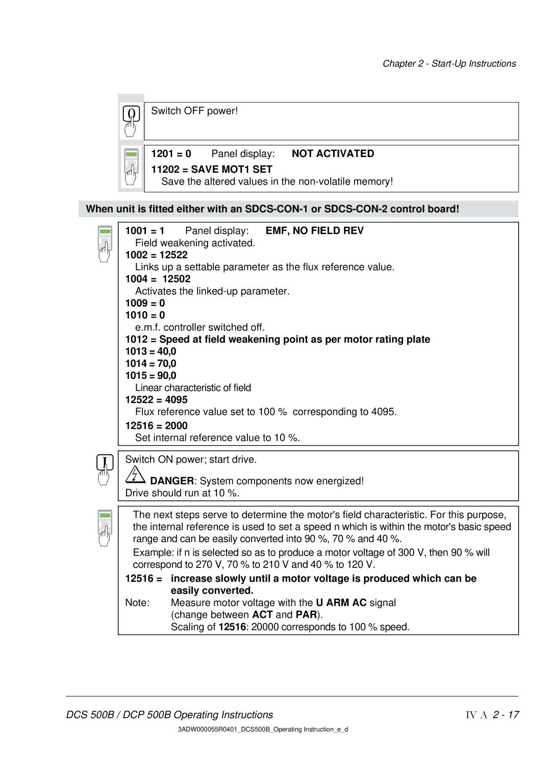 DCS 500 manual 1201 = 0 Panel display not Activated 11202 = Save MOT1 SET, 1002 =, 1004 =, 1009 = 1010 =, 12522 = 