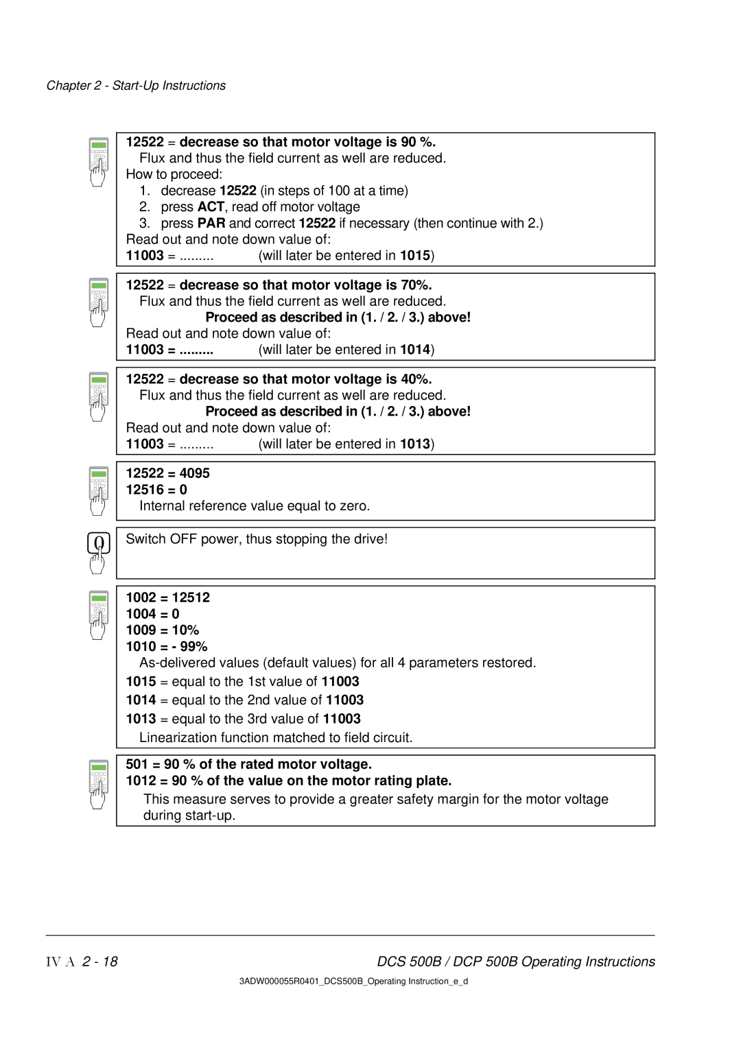 DCS 500 manual 11003, = decrease so that motor voltage is 70%, Proceed as described in 1. / 2. / 3. above, 12522 12516 