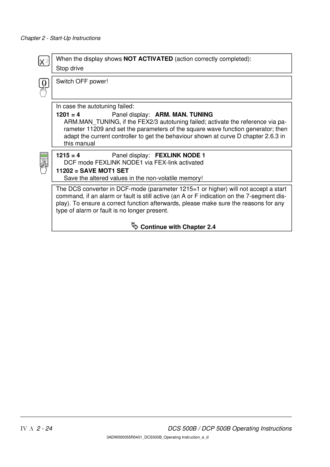 DCS 500 manual 1201 = 4Panel display ARM. MAN. Tuning, Continue with Chapter 