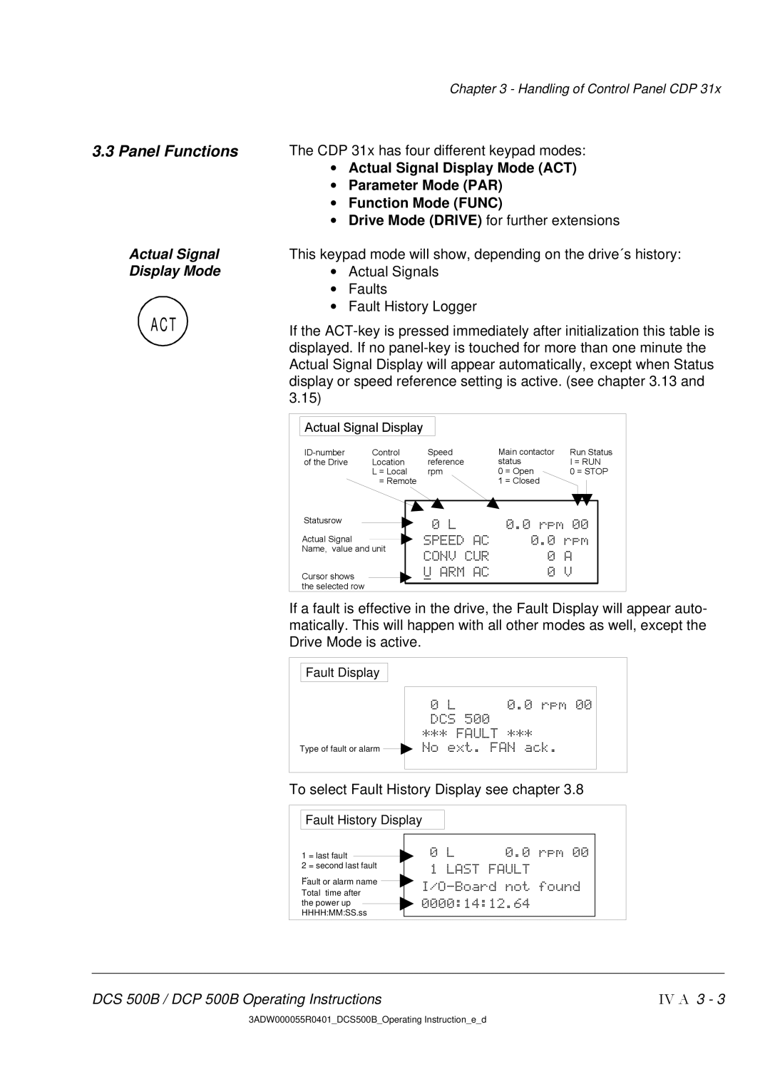 DCS 500 manual Act, Panel Functions 