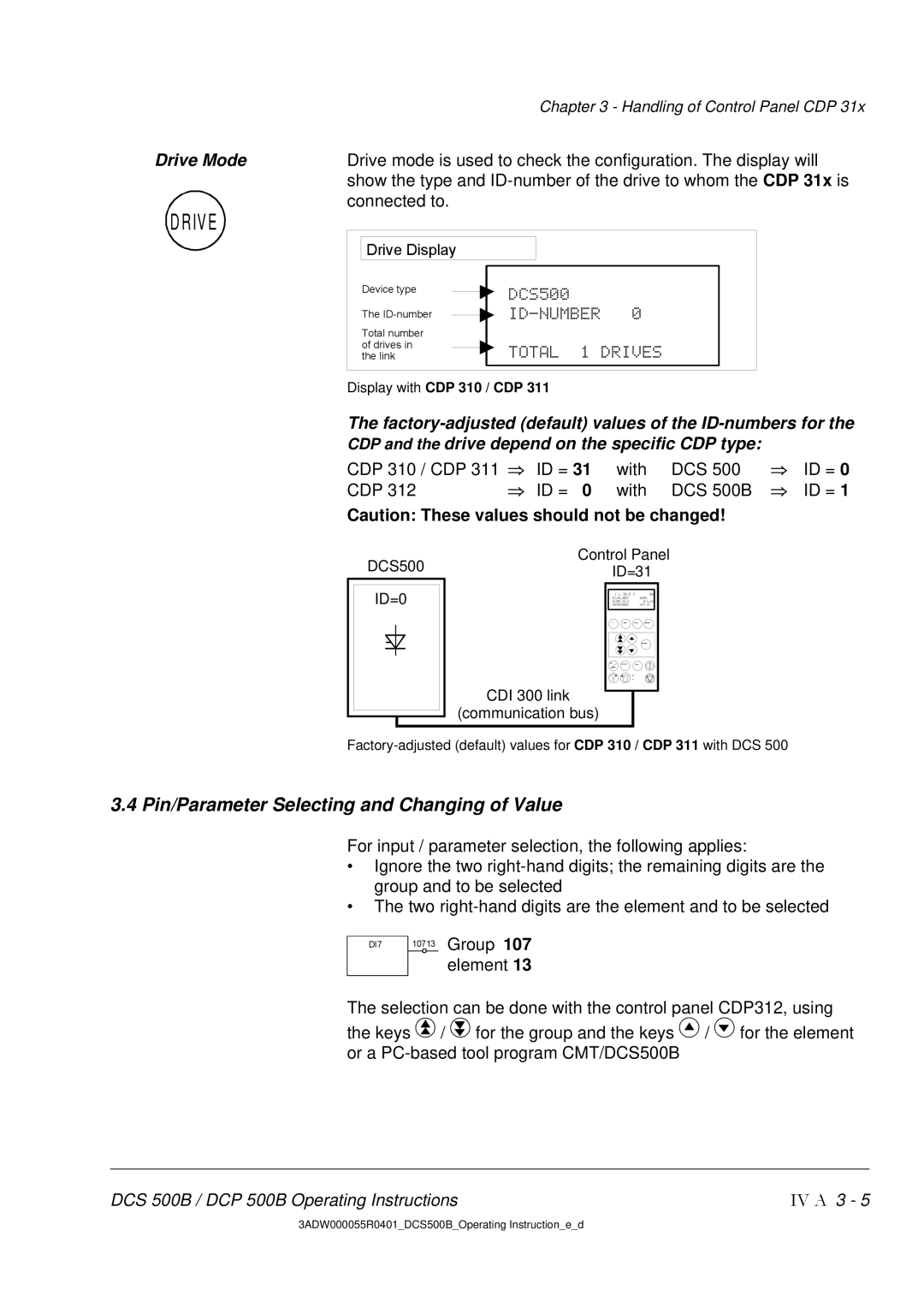 DCS 500 manual Pin/Parameter Selecting and Changing of Value, Drive Mode 