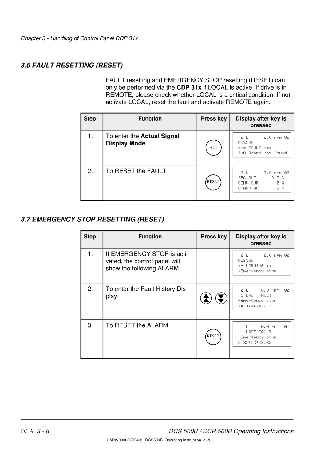 DCS 500 manual Fault Resetting Reset, Display Mode 