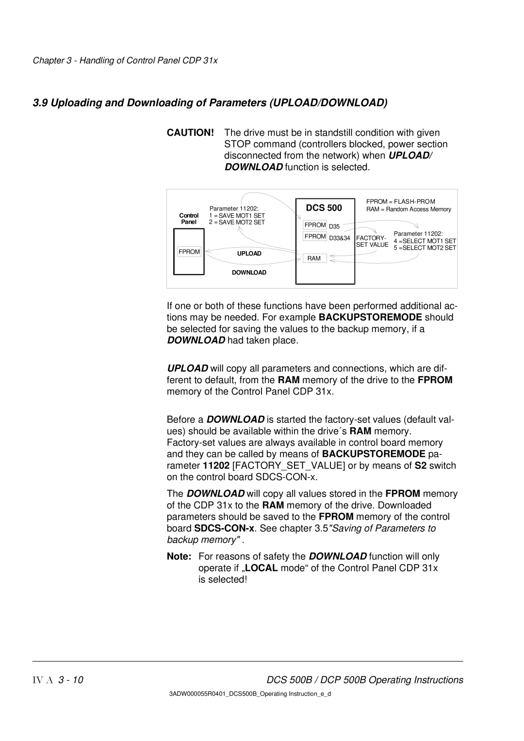 DCS 500 manual Uploading and Downloading of Parameters UPLOAD/DOWNLOAD, Dcs 