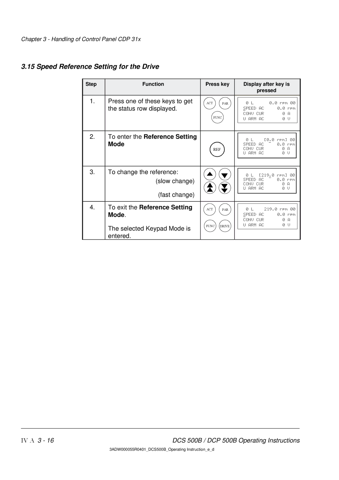 DCS 500 manual Speed Reference Setting for the Drive, To enter the Reference Setting, Mode, To exit the Reference Setting 