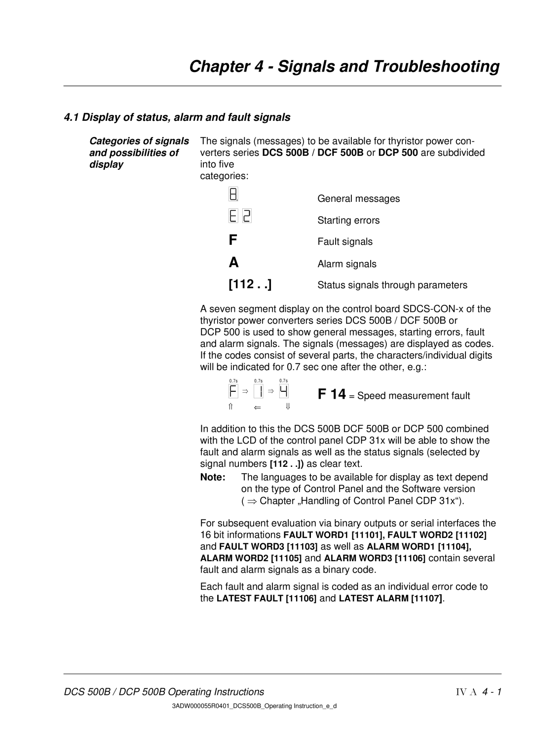 DCS 500 manual Signals and Troubleshooting, Display of status, alarm and fault signals 