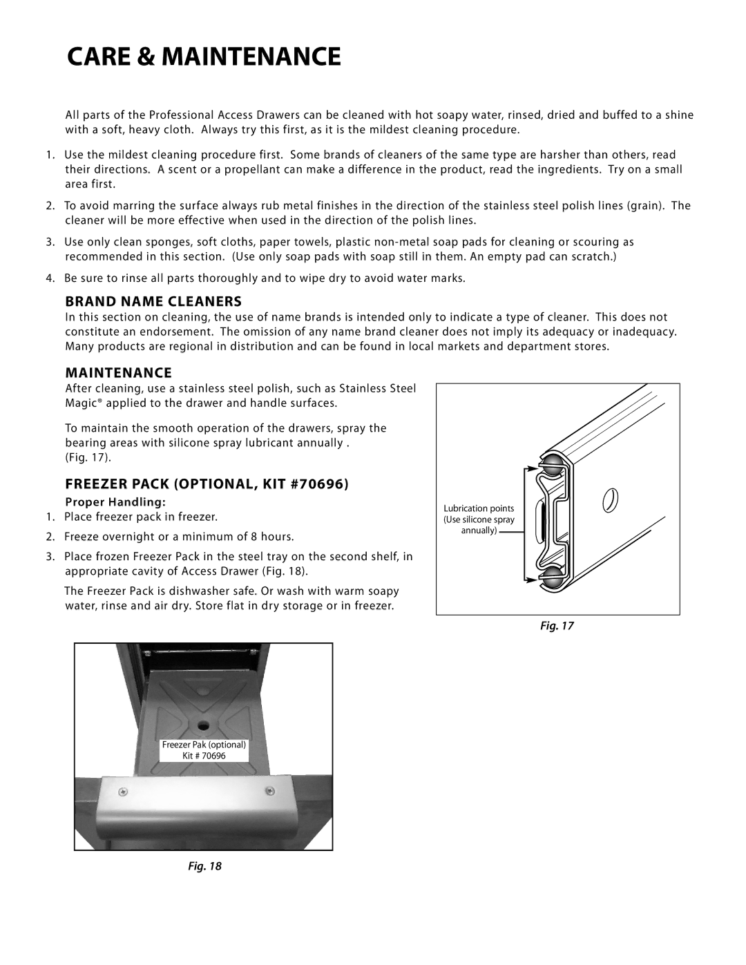 DCS ADR36, ADR30, ADR48, ADR24 manual Care & Maintenance, Brand Name Cleaners, Freezer Pack OPTIONAL, KIT #70696 